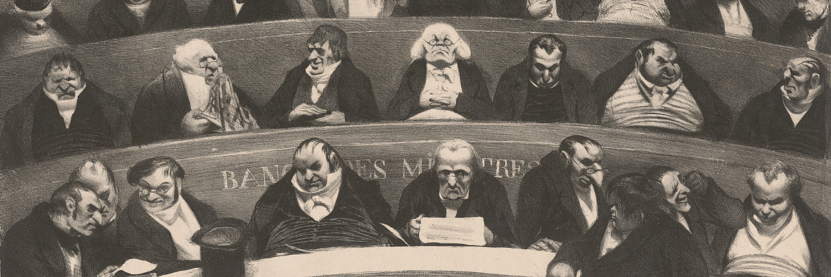 Lithograph showing closely seated men in dark suits on wooden benches in a hall. Credit: Honoré Daumier | Le ventre législatif,1834 | The ALBERTINA MUSEUM, Vienna