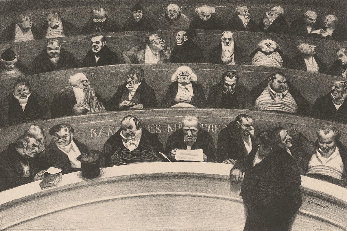 Lithograph showing closely seated men in dark suits on wooden benches in a hall. | Credit: Honoré Daumier | Le ventre législatif 1834 | Albertina, Wien