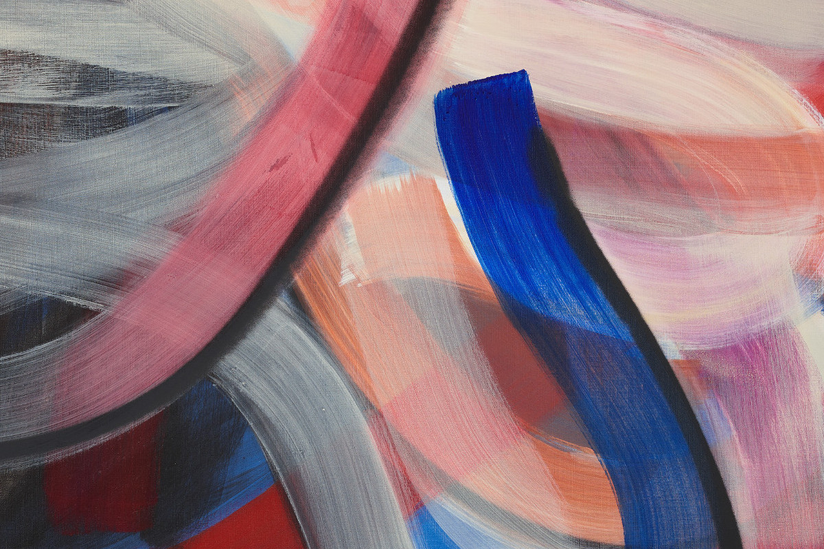 A painting composed of bold, colorful brushstrokes in shades of red and blue. Credit: Liliane Tomasko | a dream of: A COIL THAT UNFURLED, 2018 | The ALBERTINA Museum, Vienna – Family Collection Haselsteiner © Liliane Tomasko