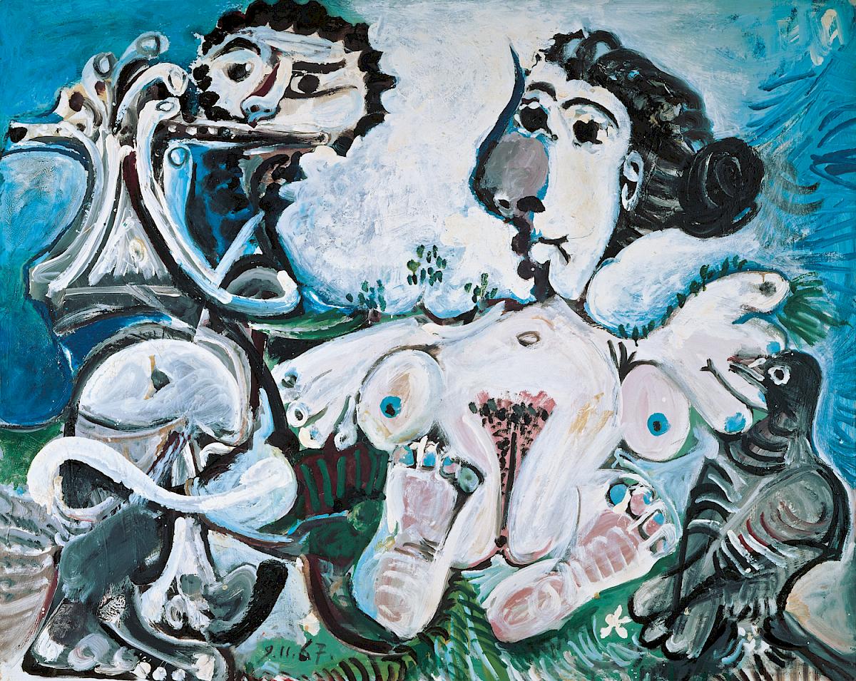 Pablo Picasso: Naked woman with bird and flute player, 1967