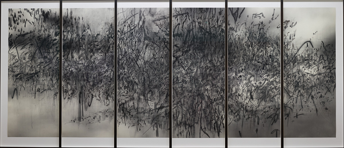 Black brushstrokes extend across several individual images that are connected to each other, forming a pattern.