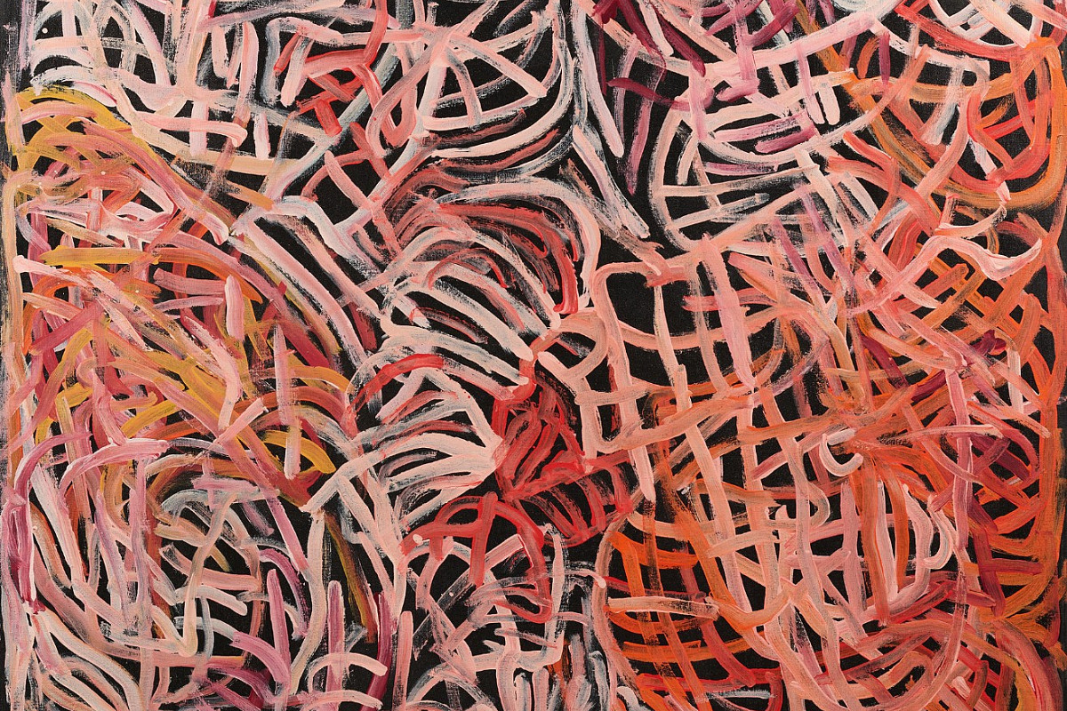 Countless, intricate brushstrokes in all shades of red and pink, almost completely covering the black background.