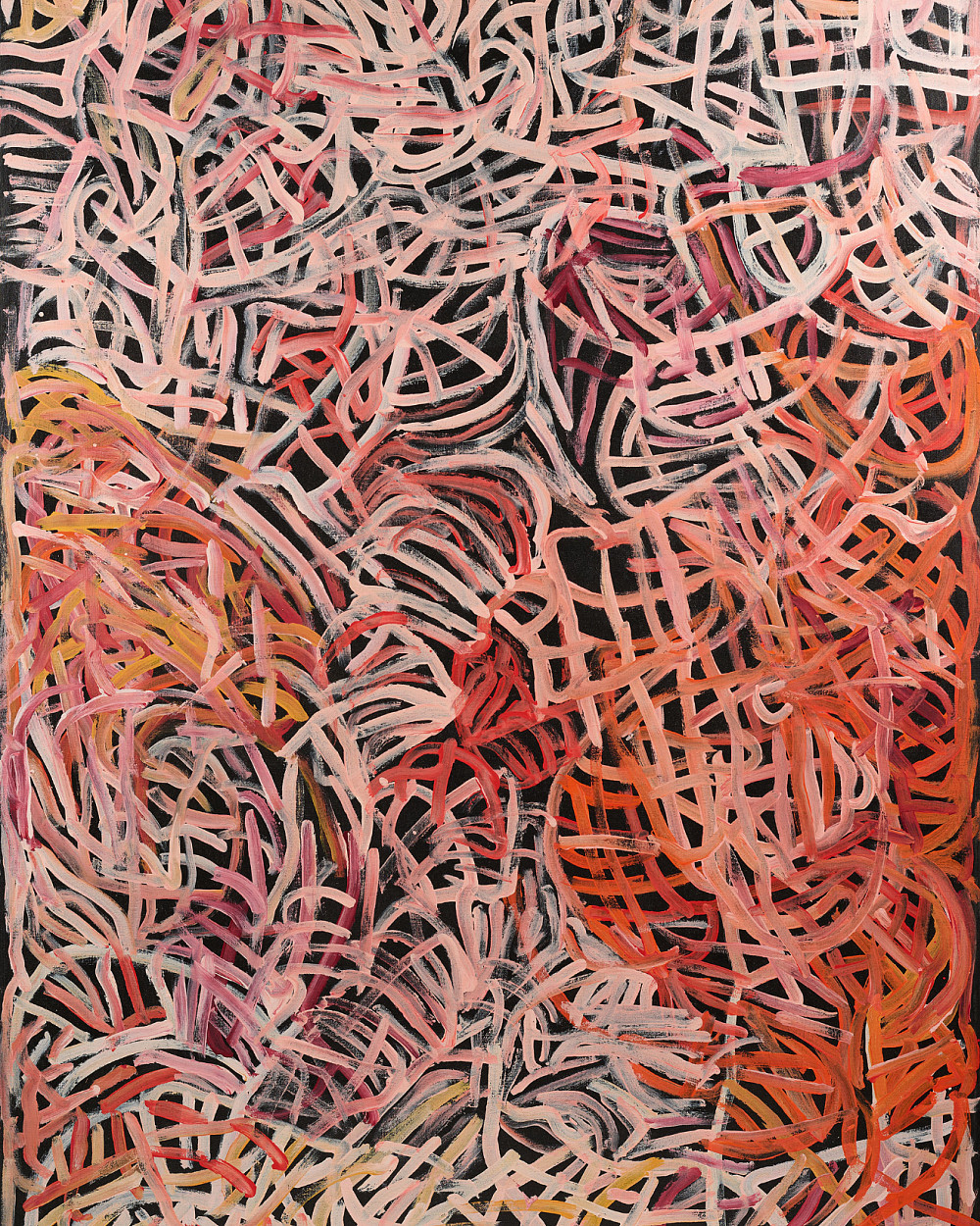 Countless, intricate brushstrokes in all shades of red and pink, almost completely covering the black background.