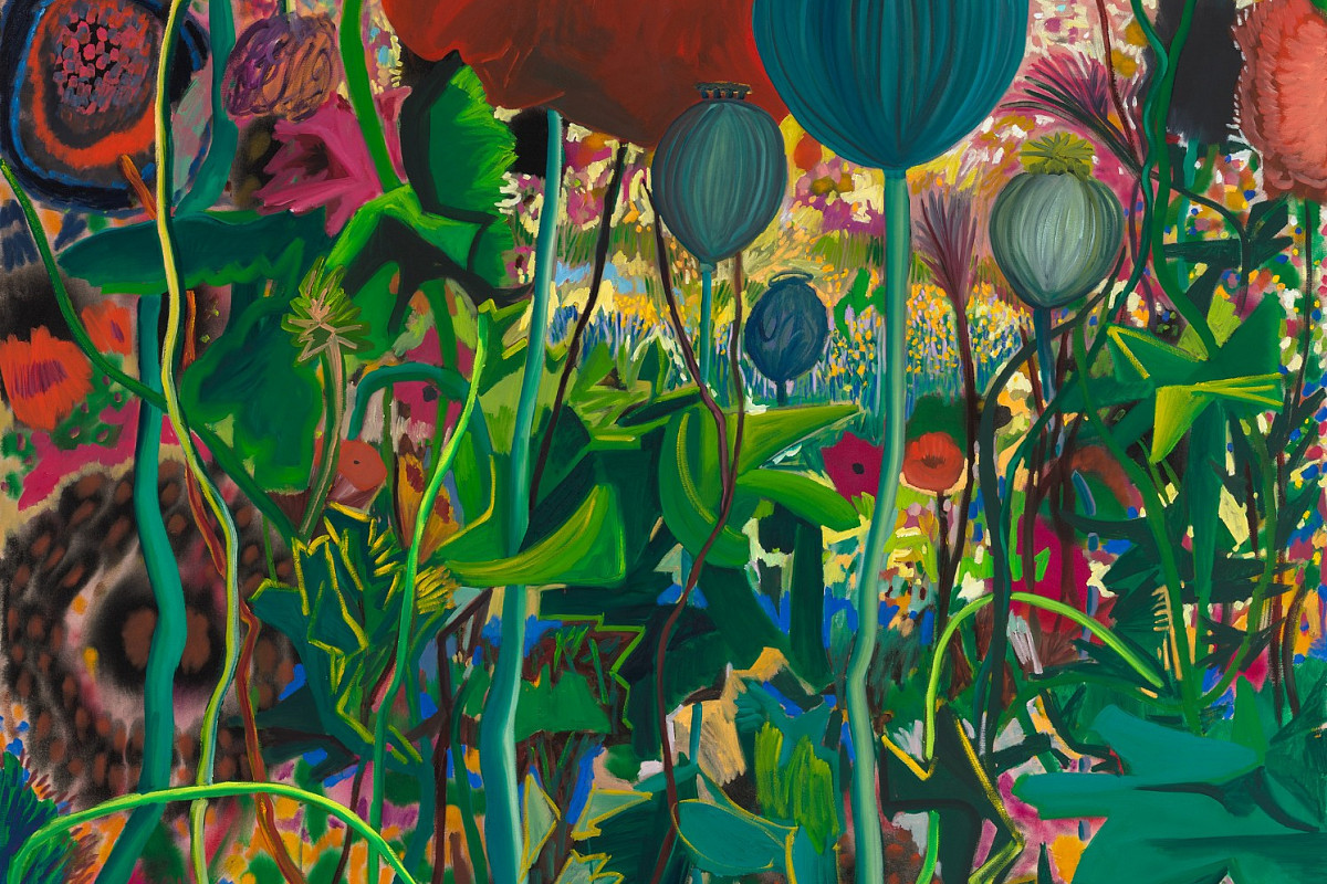 Colorful painting with many poppies and poppy buds growing upwards.