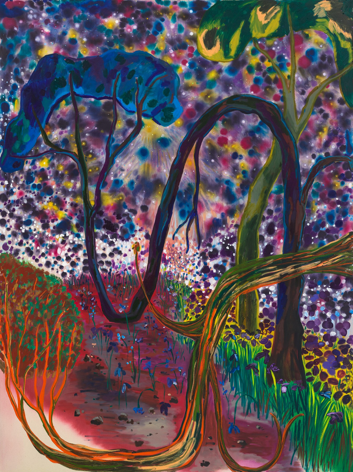 Colorful painting depicting a path winding through trees growing in red, green, and purple.