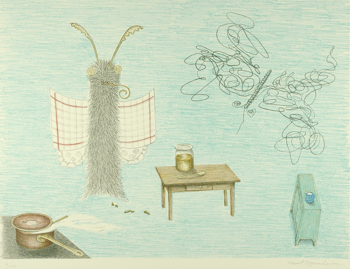 Meret Oppenheim: Parapapillonneries; La psyché, amie des hommes, attend le mâle au mur de la cuisine. ..., 1976