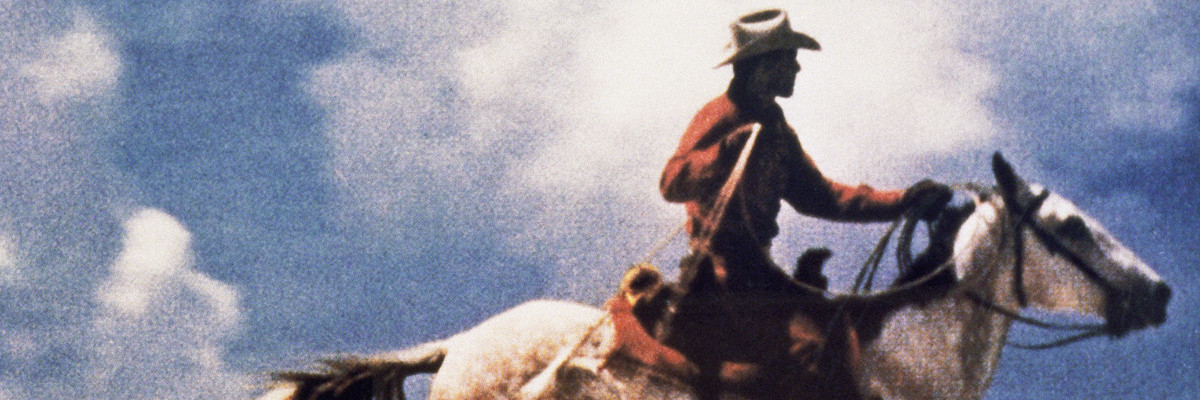 Color photograph of a cowboy riding a galloping horse in an open landscape; large-scale, horizontal composition.