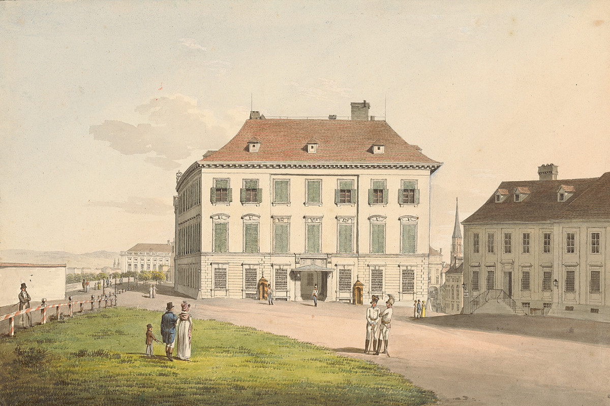 View of the Palais of Duke Albert in Vienna, neoclassical façade surrounded by garden, watercolor on paper.