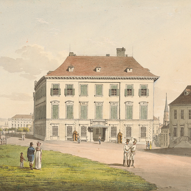Ansicht des Palais Herzog Alberts in Wien, klassizistische Fassade, umgeben von Gartenanlage, Aquarell auf Papier.
