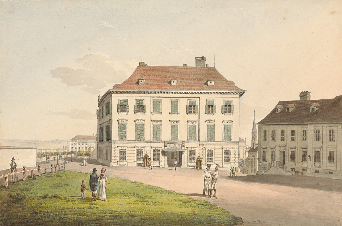 View of the Palais of Duke Albert in Vienna, neoclassical façade surrounded by garden, watercolor on paper.