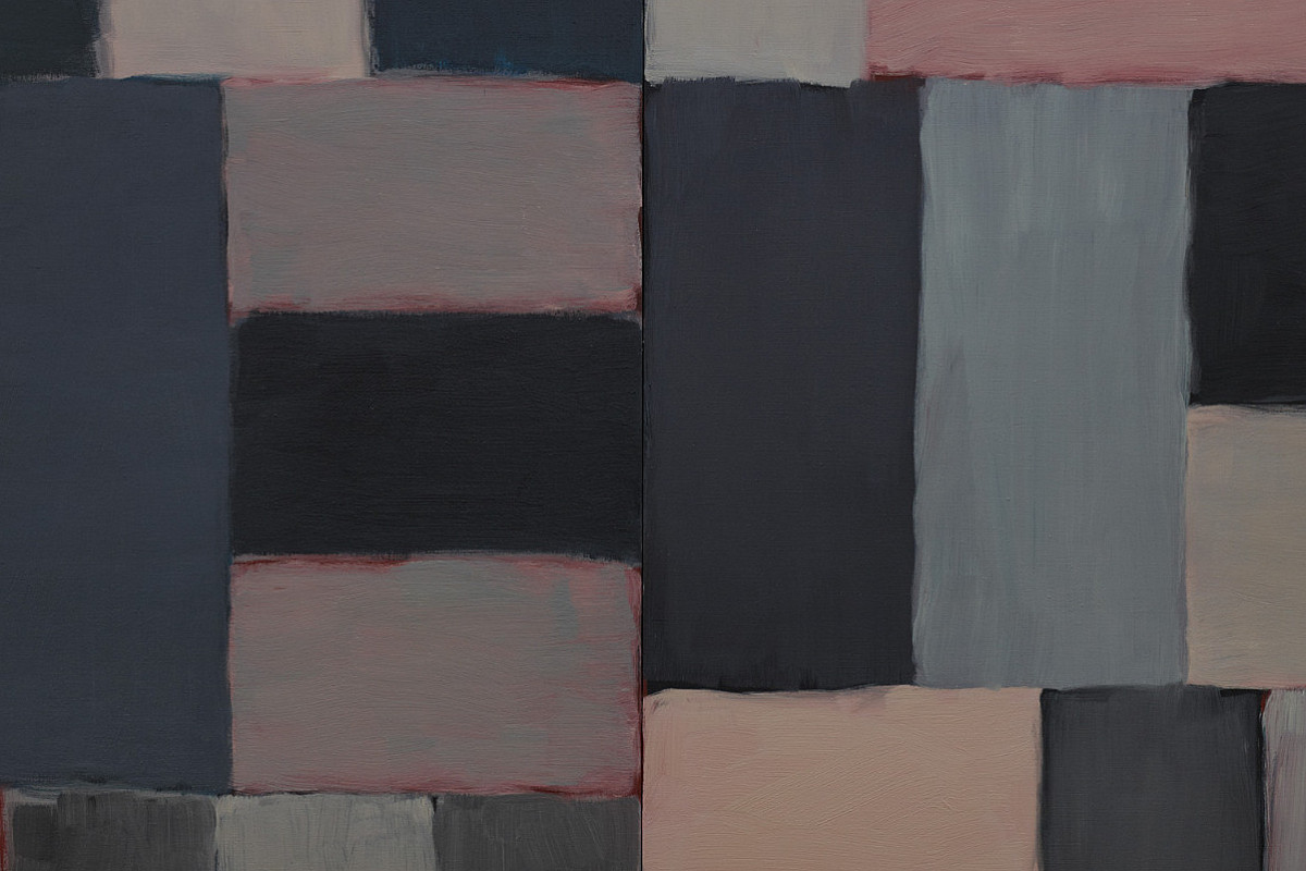 Rectangles in dark shades of black, blue, gray, and pink arranged in squares.