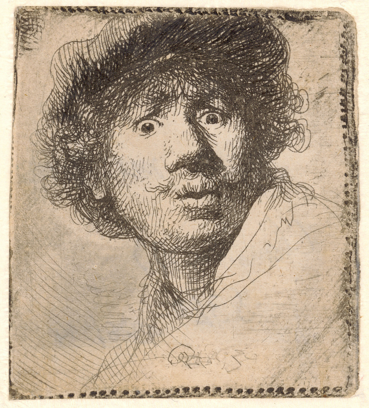 Drawing: A self-portrait of the artist with wide eyes and pursed lips. He is wearing a headdress under which curly hair and a moustache can be seen. He is looking out of the picture with his head turned to one side