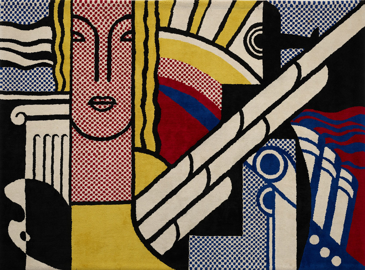 Gewobener Teppich mit graphischen Mustern, die ein weibliches Gesicht, die Sonne, Säulen und ein Boot darstellen. | Roy Lichtenstein | Modern Tapestry, 1967 | ALBERTINA Wien © Roy Lichtenstein Foundation