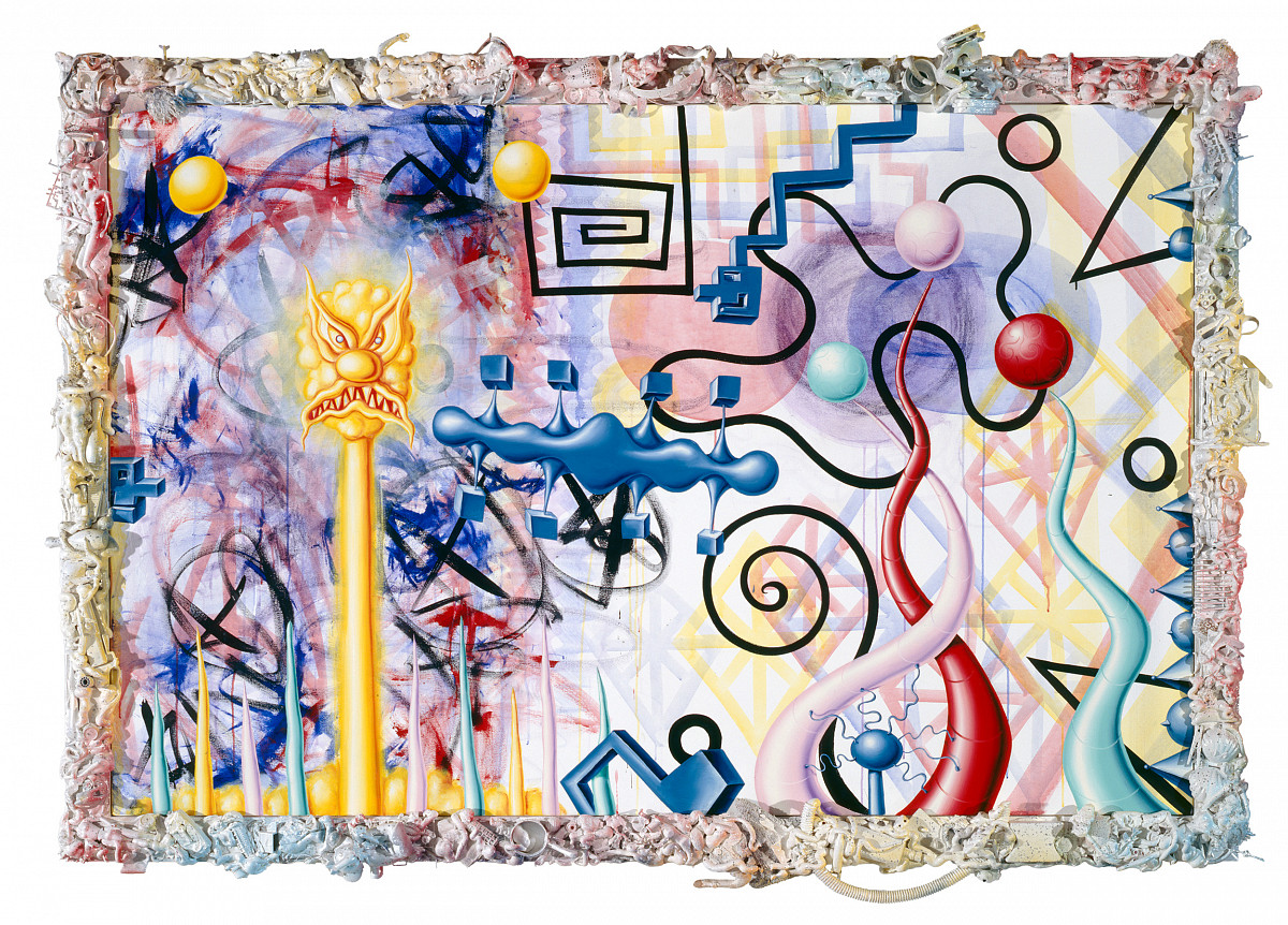 Buntes, surreales Gemälde, auf dem Muster und Formen sowie eine comicartige gelbe Figur zu erkennen sind.