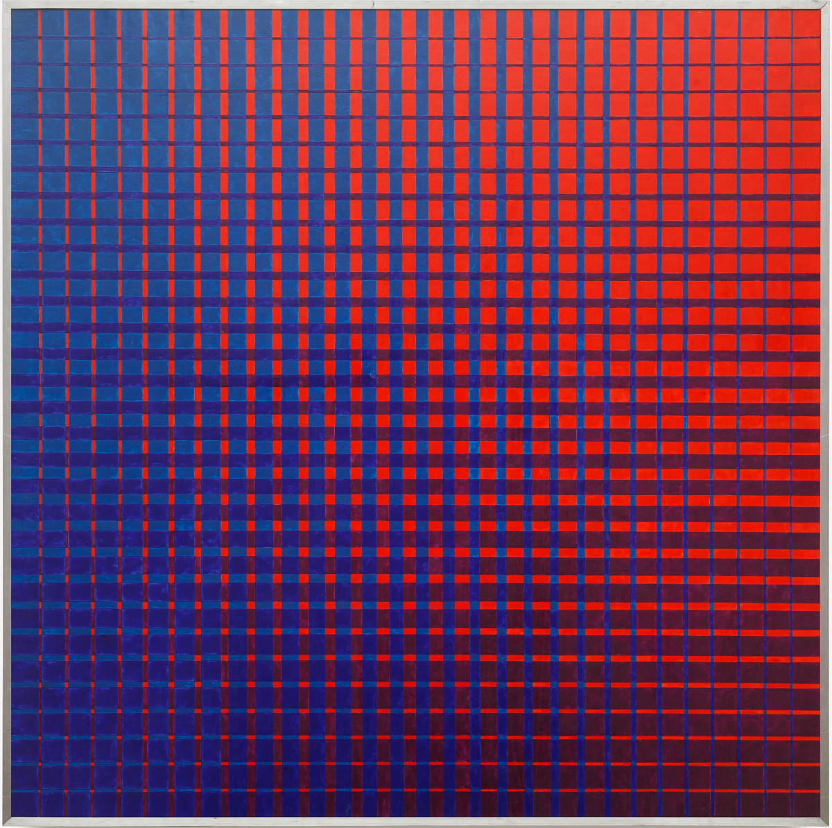 A square image consisting of rectangular fields of equal size in a colour gradient from blue to red.