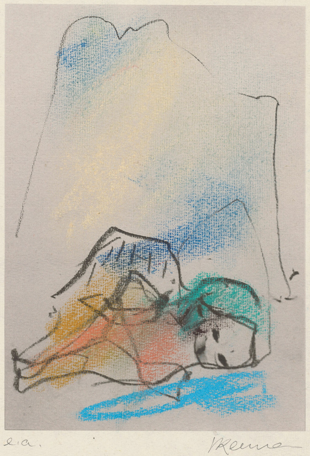 Drawing of a reclining figure in front of a mountain panorama.