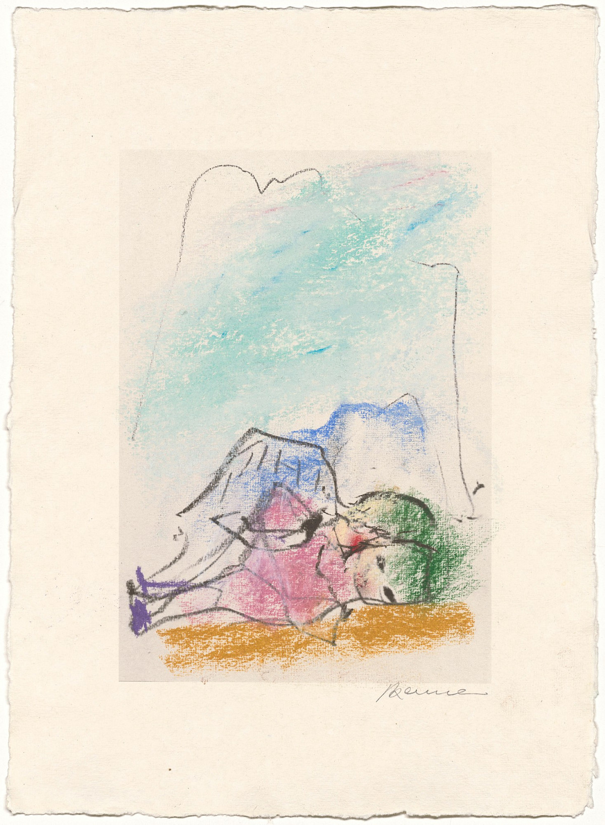 Drawing of a reclining figure in front of a mountain panorama.