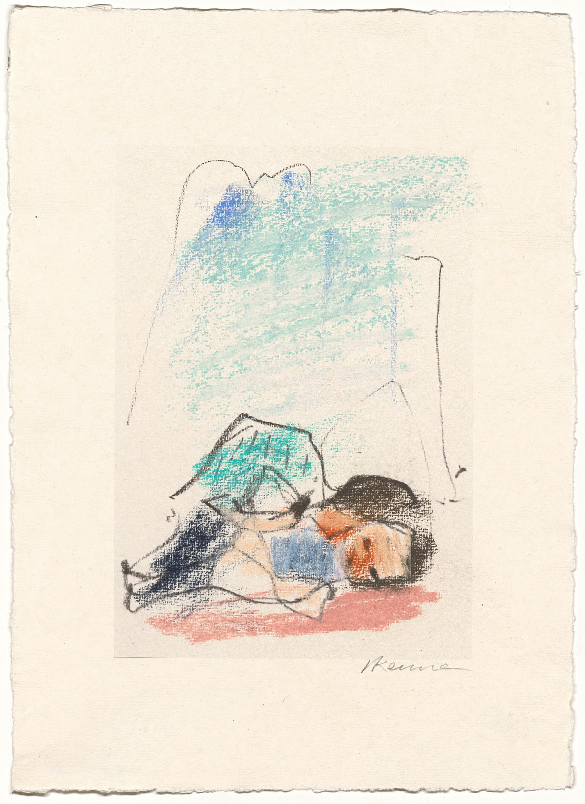 Drawing of a reclining figure in front of a mountain panorama.