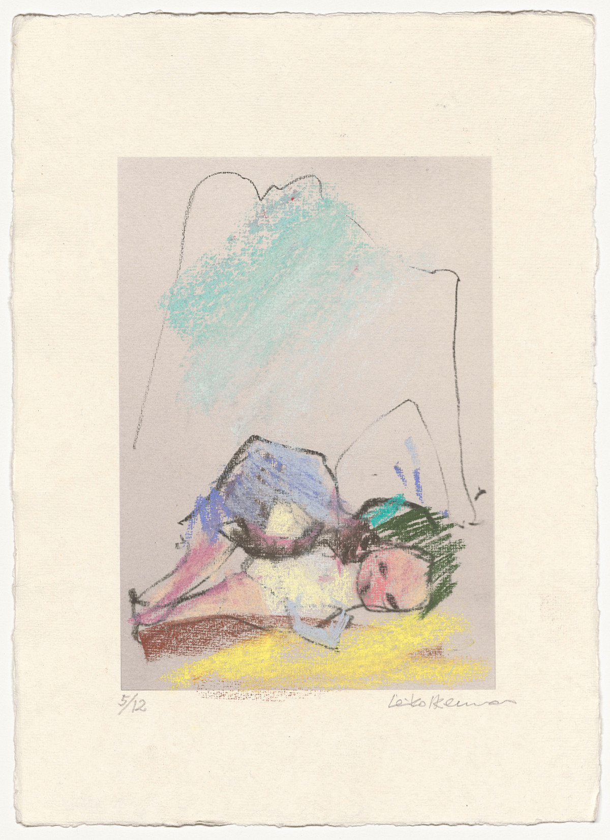 Drawing of a reclining figure in front of a mountain panorama.