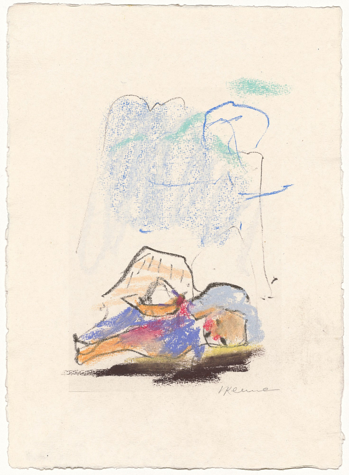 Drawing of a reclining figure in front of a mountain panorama.