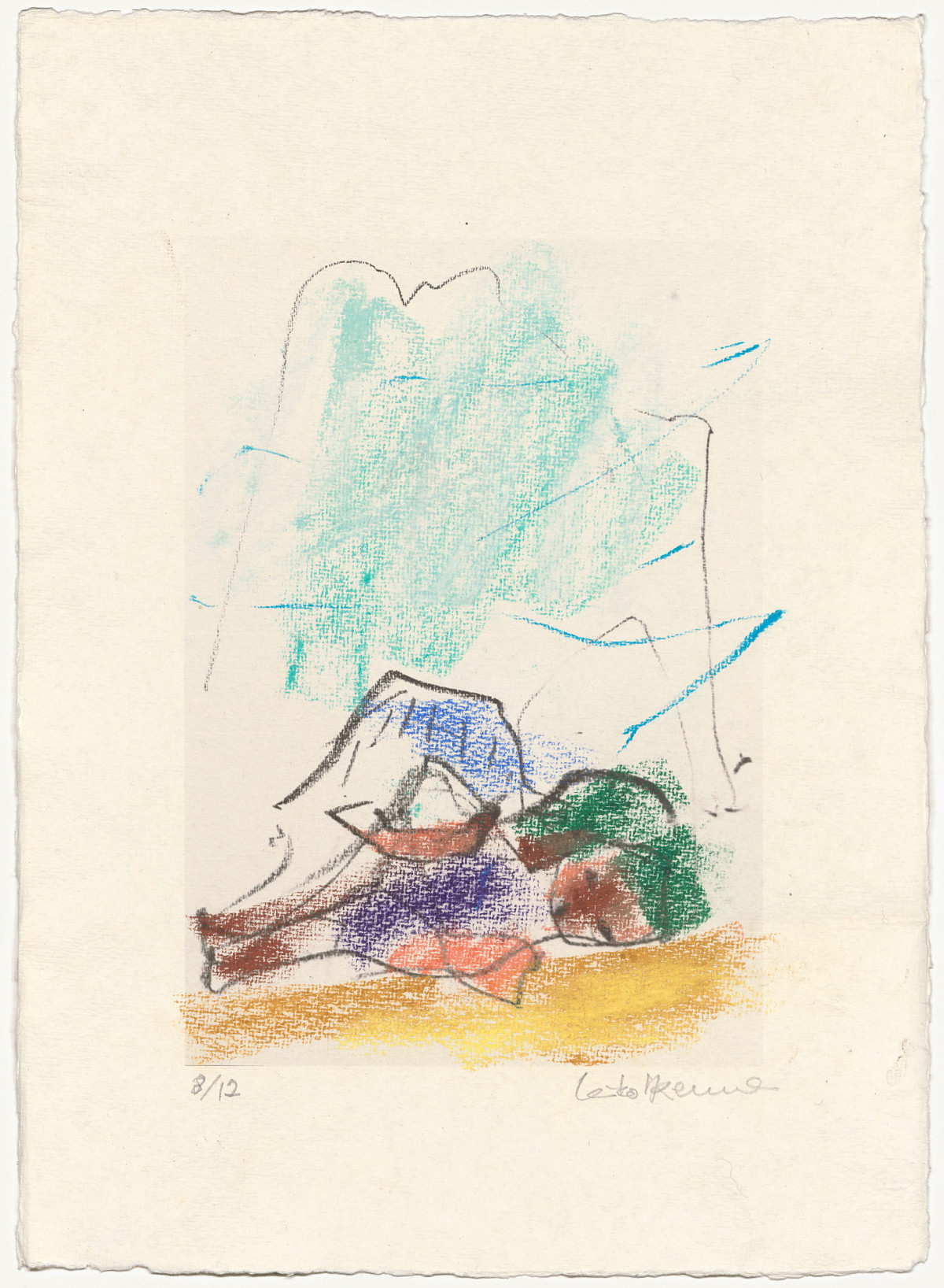 Drawing of a reclining figure in front of a mountain panorama.