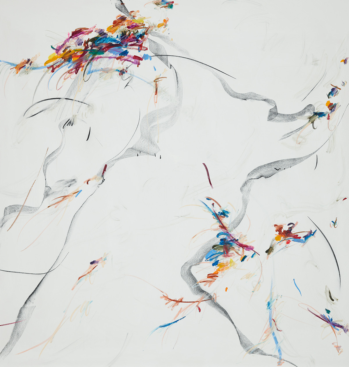 Großformatige Leinwand mit gestischen Linien, überlagerten Flächen und Spuren in dunklen und hellen Tönen.