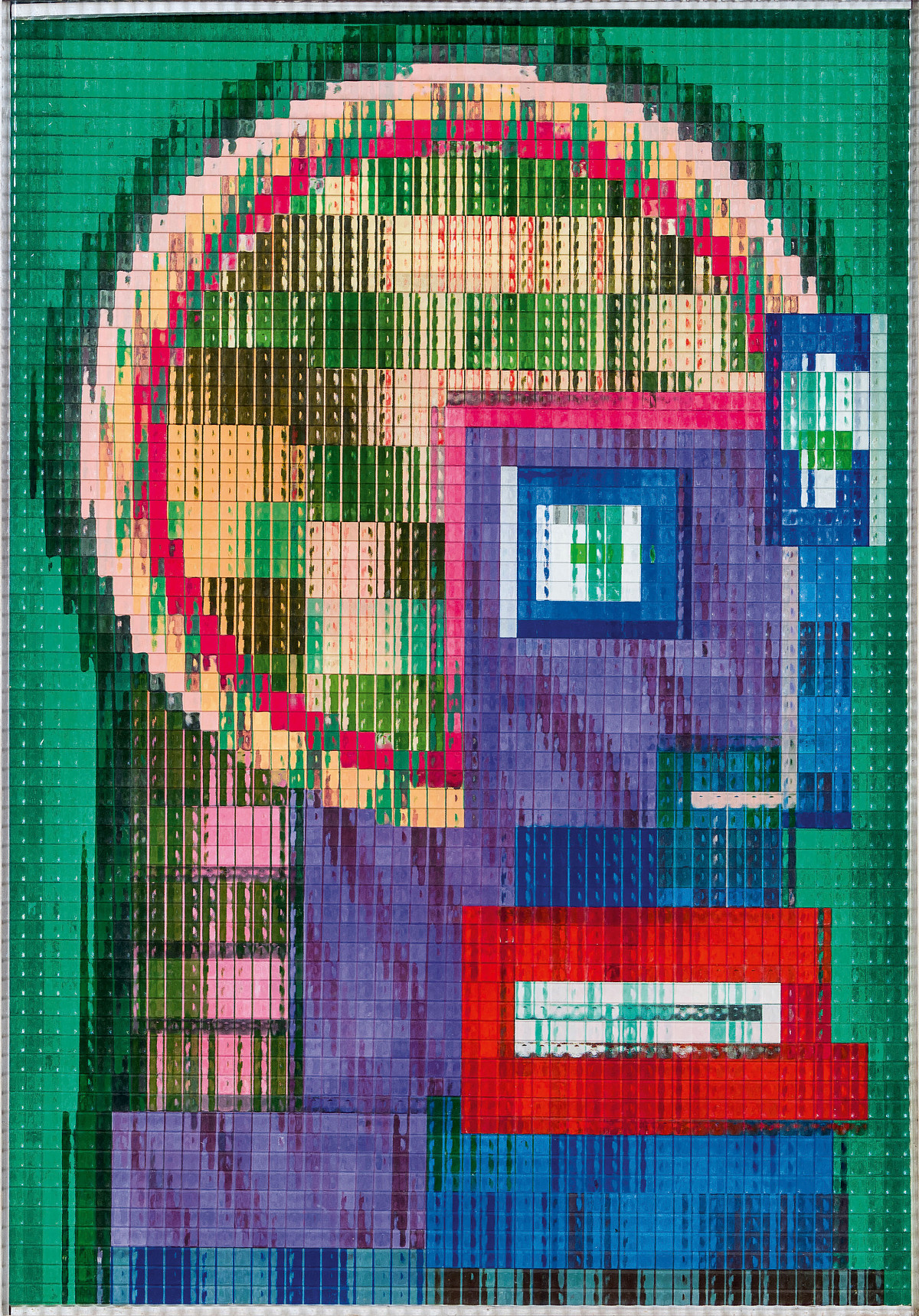 A portrait of a head composed of geometric shapes and various bright, bold colors behind transparent, textured glass.