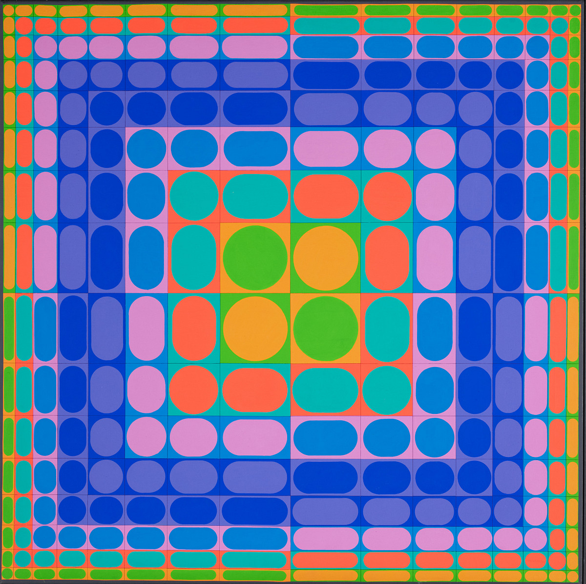A variety of colorful circles of different sizes arranged in a rectangular pattern on a colorful background.