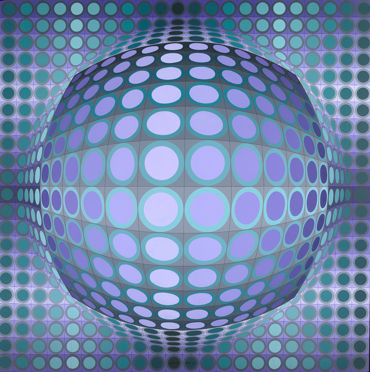 Purple and turquoise circles of varying sizes arranged in a geometric pattern.