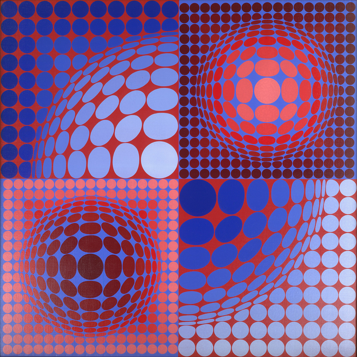 A painting divided into four rectangles, showing red and blue circles of varying sizes and arrangements.