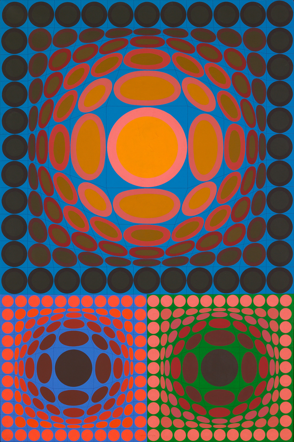 A painting divided into three sections, featuring colorful circles of various sizes arranged in patterns.