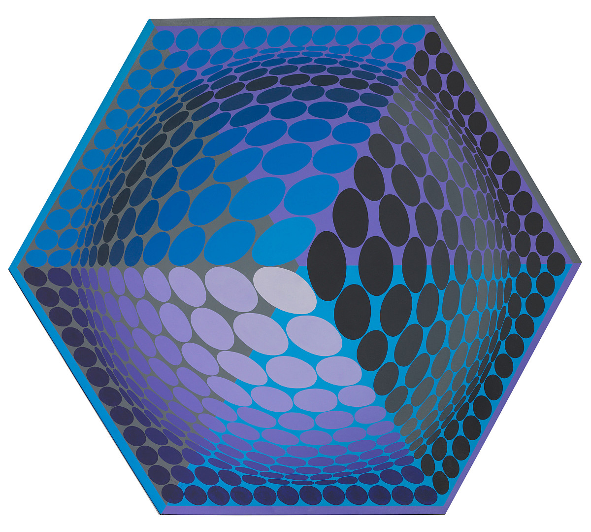 A 3D cube with blue, black, and purple circles arranged in a spherical pattern.