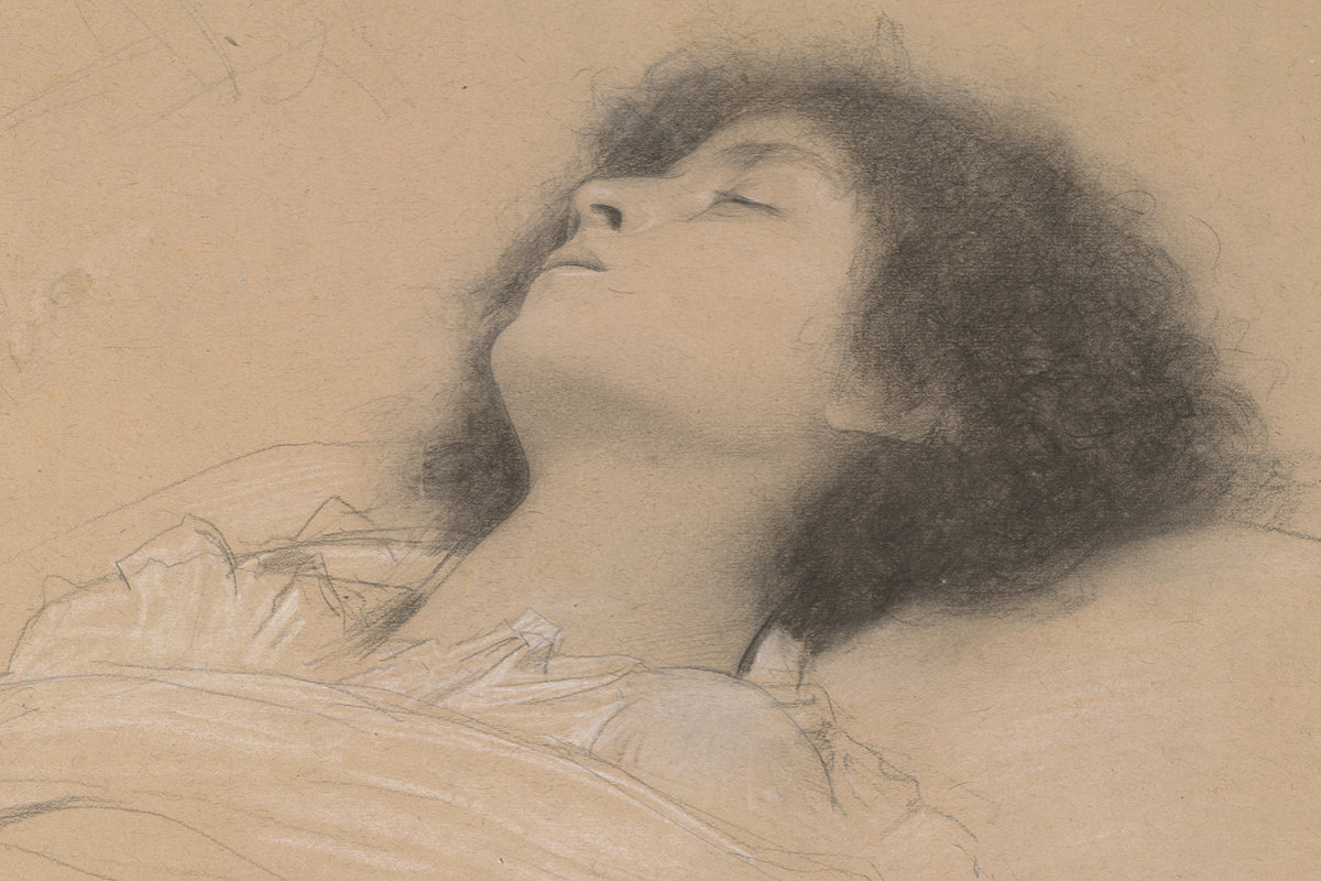 Drawing: Portrait of a woman lying in bed. Credit: Gustav Klimt | Liegendes Mädchen (Julia) und zwei Handstudien, 1886-87 |  © ALBERTINA, Wien