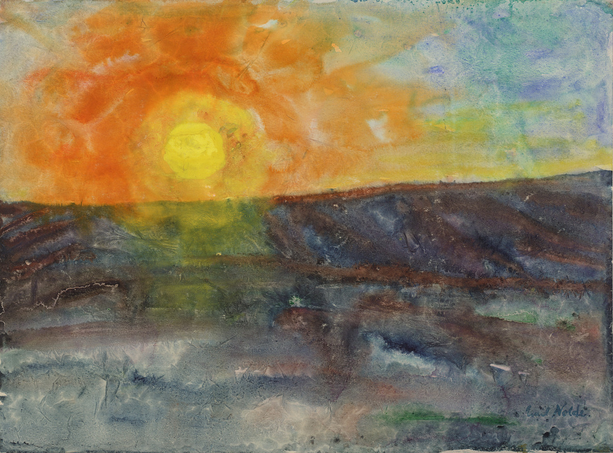 A painting of the sun rising over a mountain.