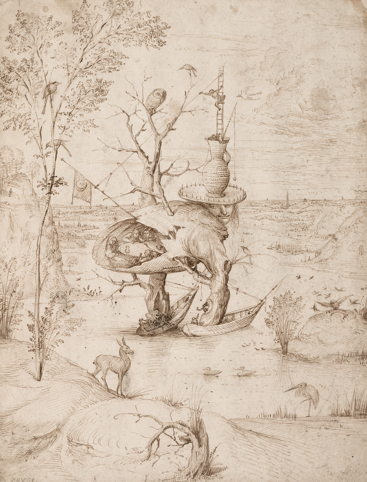 A drawing of a human-like creature with tree-trunk-like legs and an egg-shaped body; the figure stands in a fantastical landscape featuring water, buildings, and numerous small scenes.