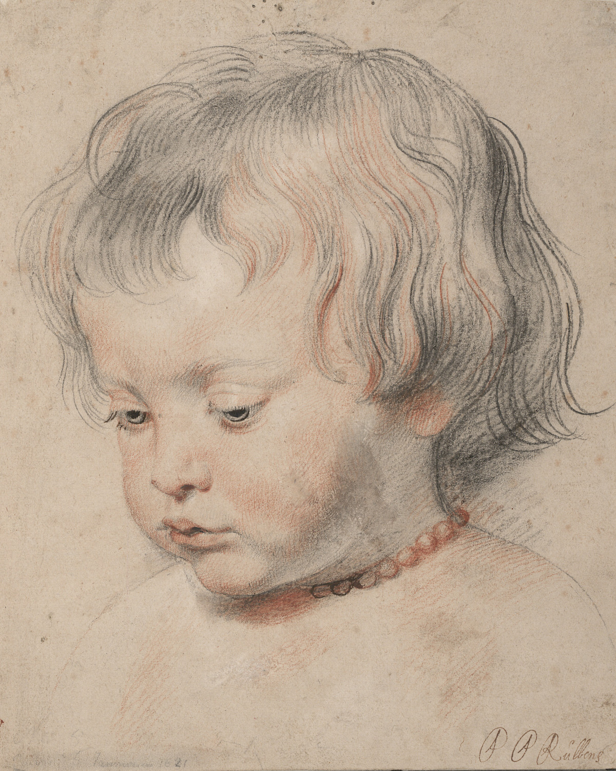 Portrait of a child wearing a pearl necklace around her neck.