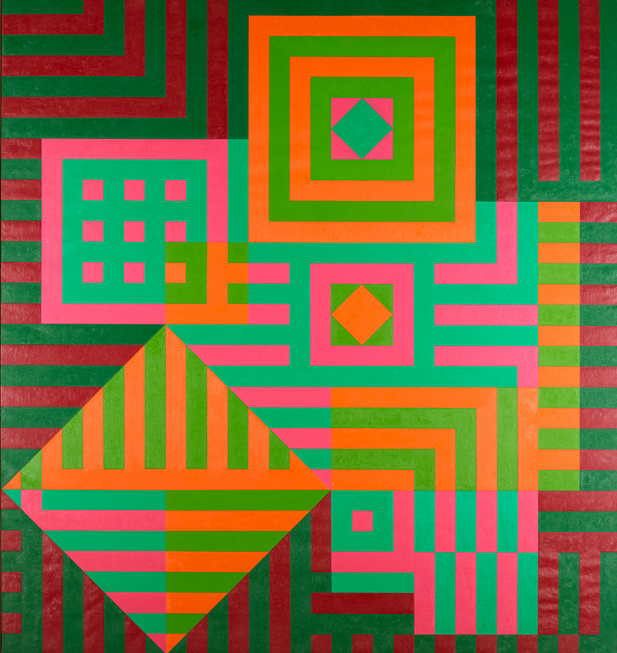 Anordnung geometrischer Muster und Linien in Grün-und Rottönen, welche teilweise Quadrate und andere Formen bildet. | Victor Vasarely | Kiu-Siu, 1963 | ALBERTINA, Wien – The ESSL Collection © Bildrecht, Wien 2025