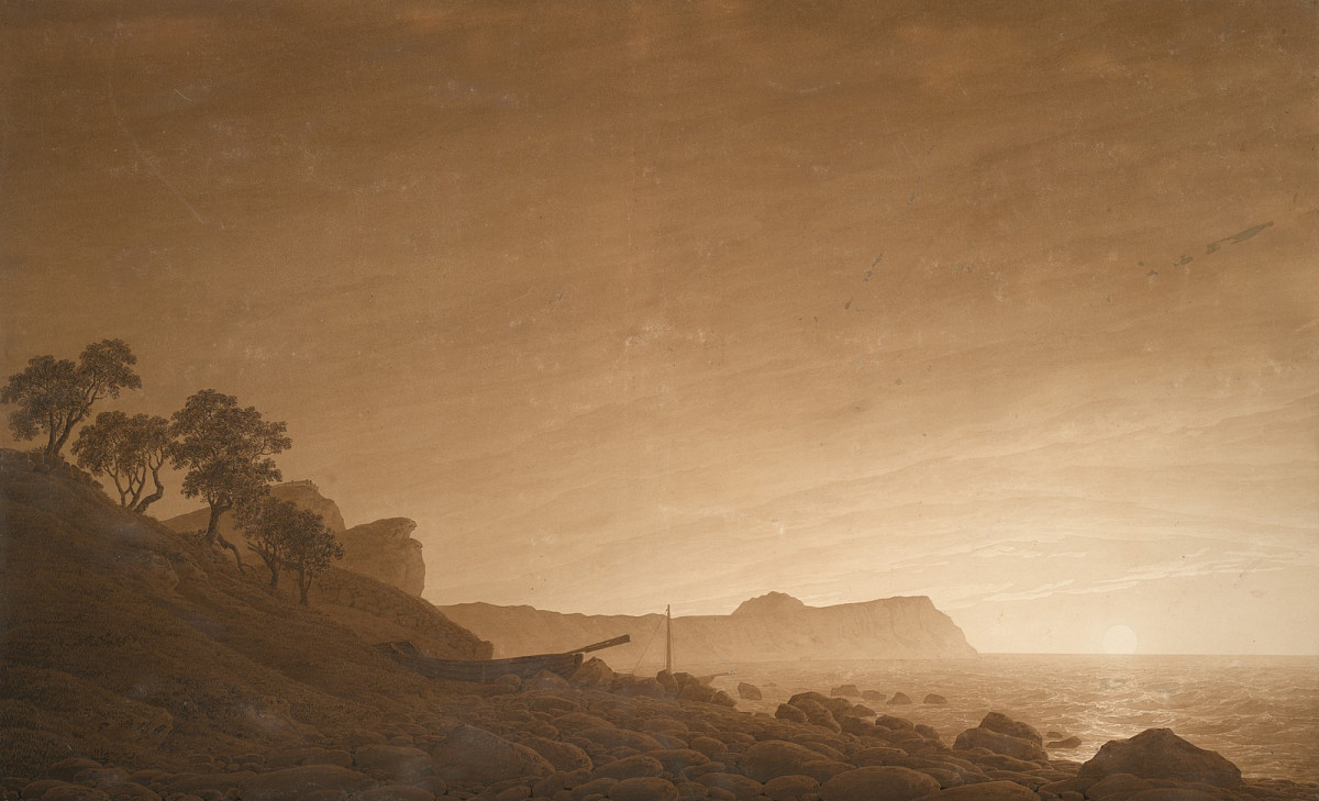 A drawing of an island with a rocky beach and, in the background, the moon rising over the sea.