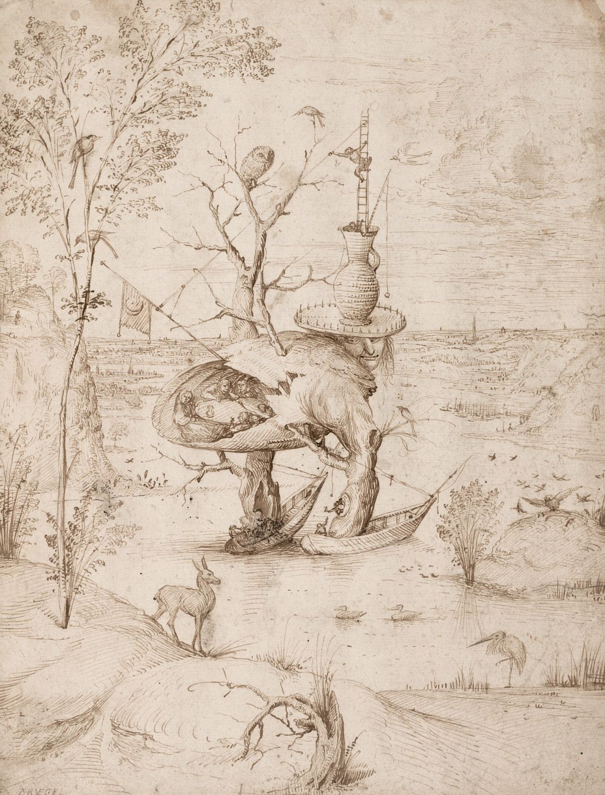 A drawing of a human-like creature with tree-trunk-like legs and an egg-shaped body; the figure stands in a fantastical landscape featuring water, buildings, and numerous small scenes.