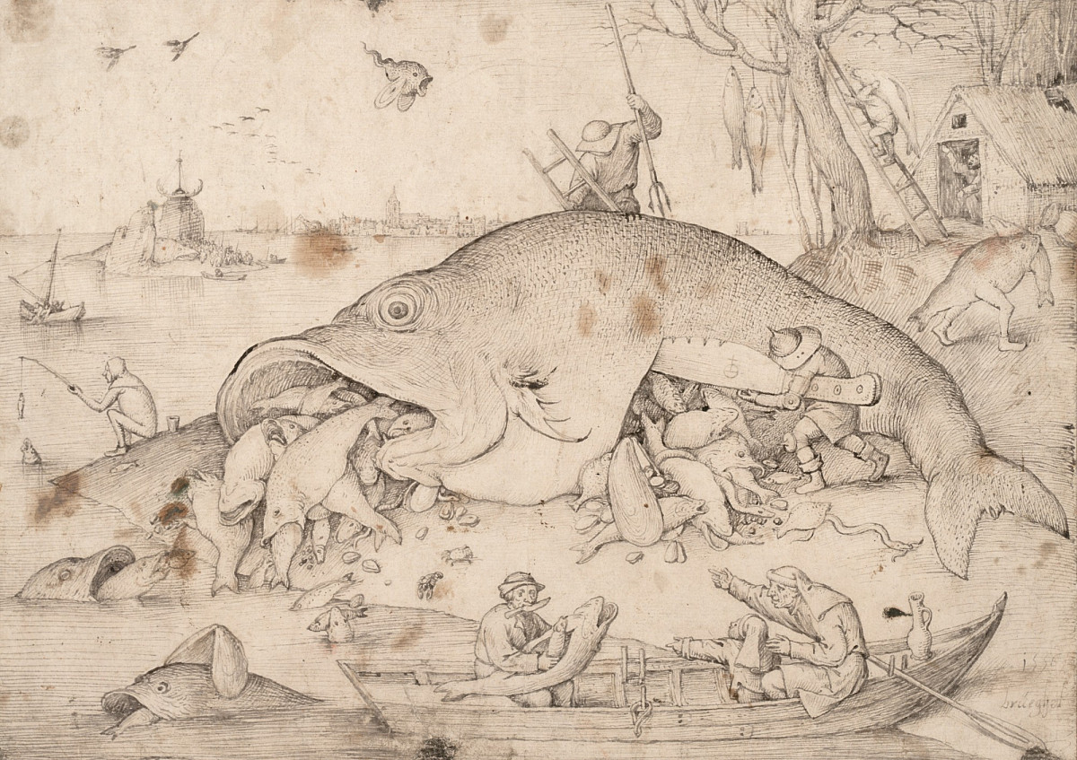 A drawing of an oversized fish with small fish sticking out of its mouth, fishermen in boats, and fishermen working on the giant fish.