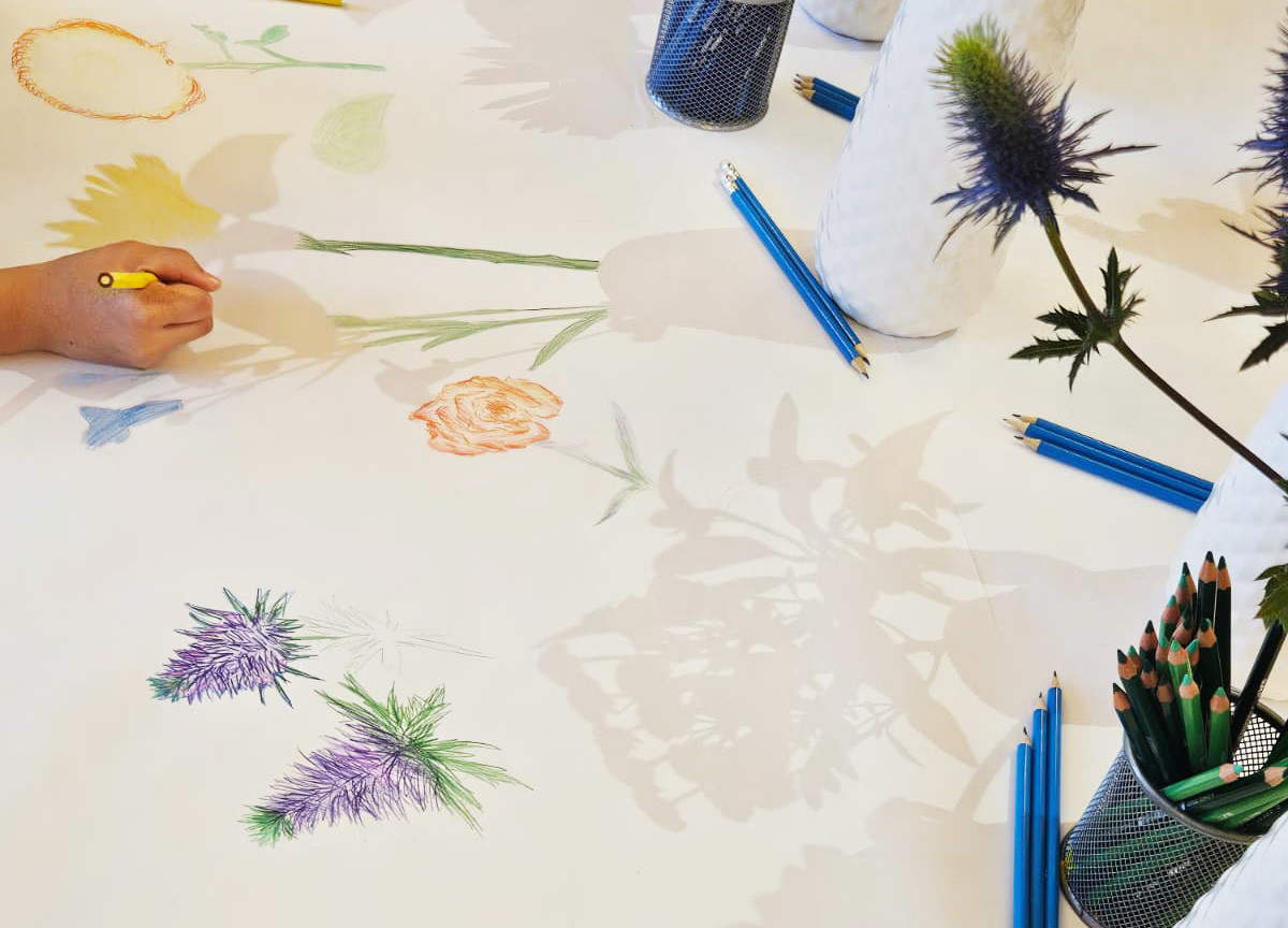 View of the drafting table with flowers