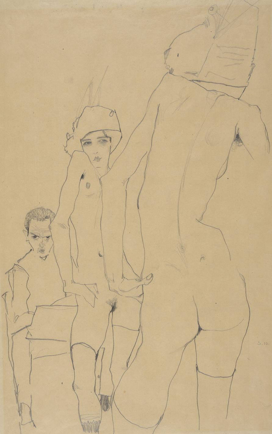 Egon Schiele: Schiele with a nude model in front of a mirror, 1910