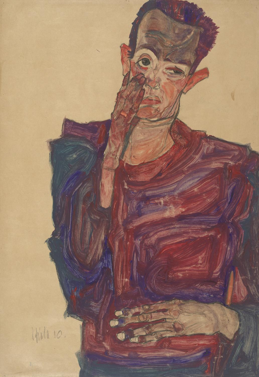 Egon Schiele: Self-portrait pulling down an eyelid, 1910