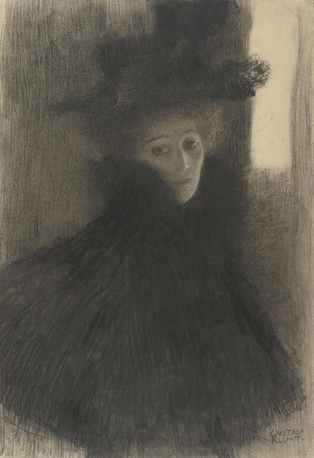Gustav Klimt: Portrait of a woman with cape and hat in a three-quarter profile, 1897−98