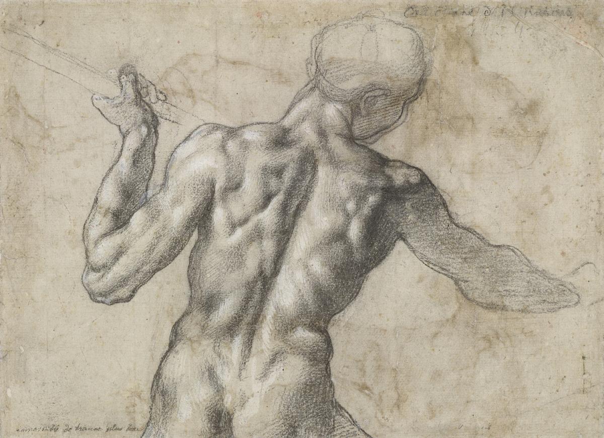 Michelangelo Buonarroti: Male Nude Seen From the Back With a Flag Staff, ca. 1504