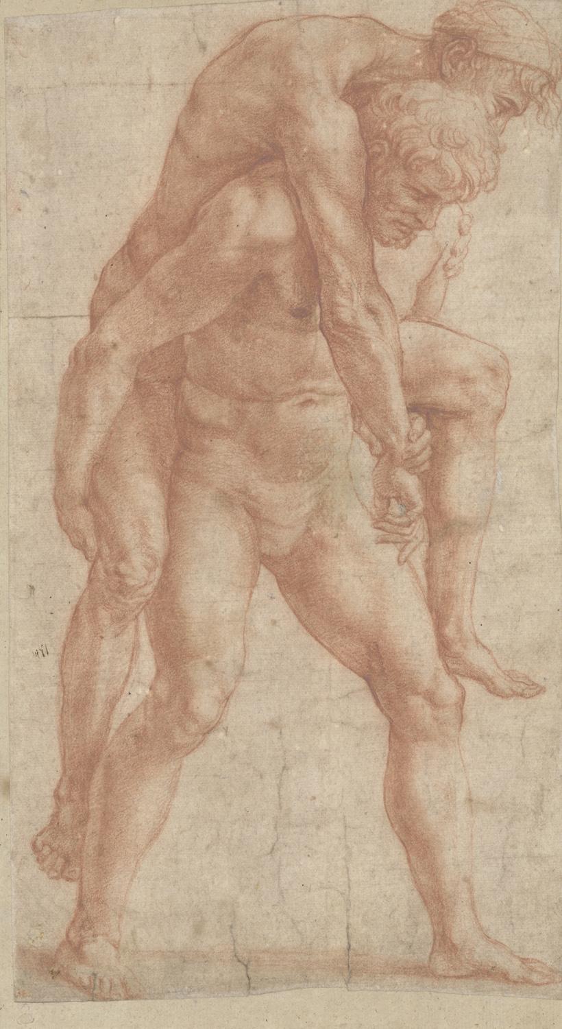 Raphael: Young Man Carrying an Old Man on His Back (Aeneas and Anchises), study for the fresco The Fire in the Borgo, Stanza dell' incendio del Borgo, Apostolic Palace, Vatican City), ca. 1514