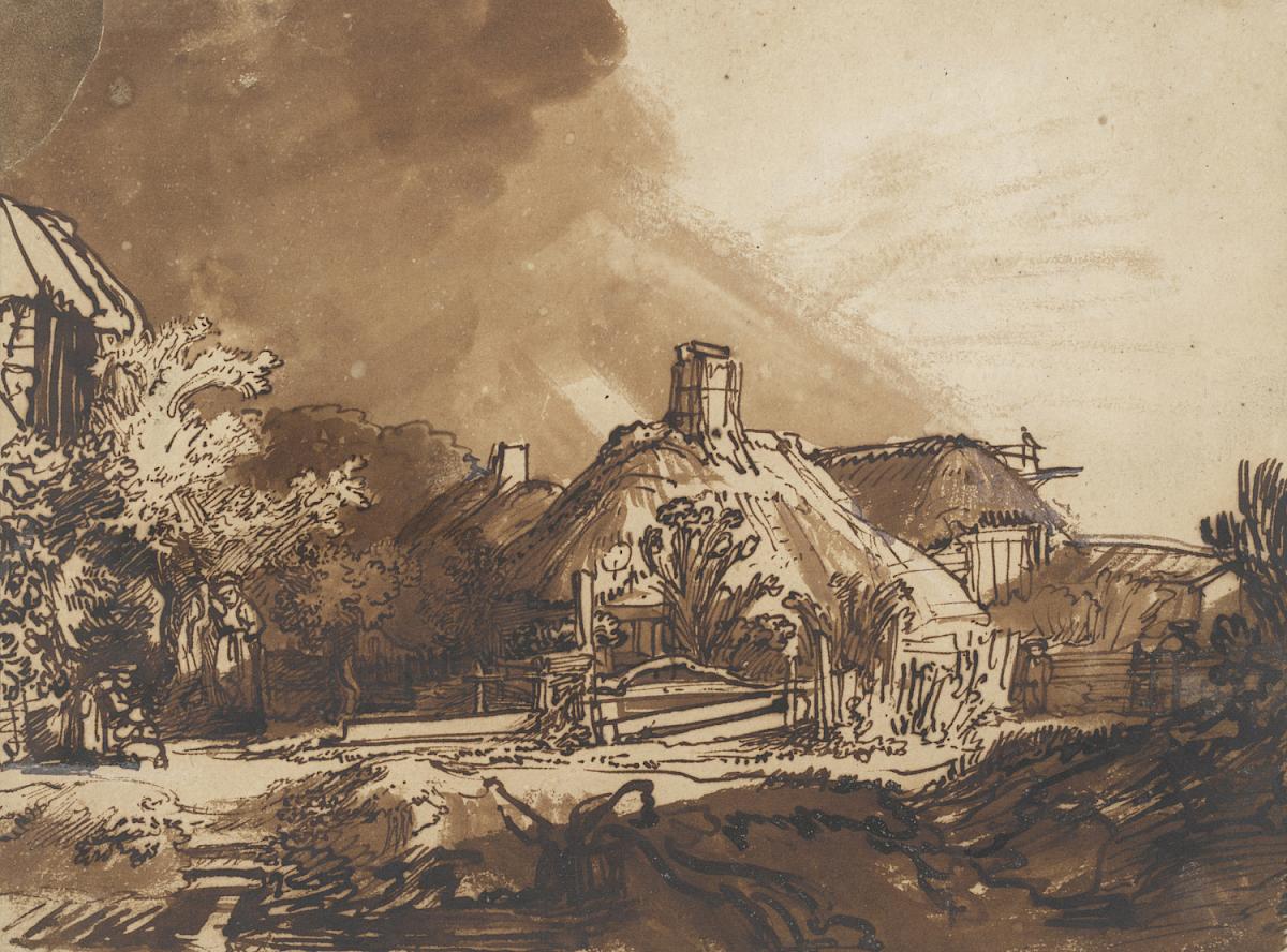 Rembrandt Harmensz. van Rijn: Peasant Homestead Under Stormy Skies, ca. 1635