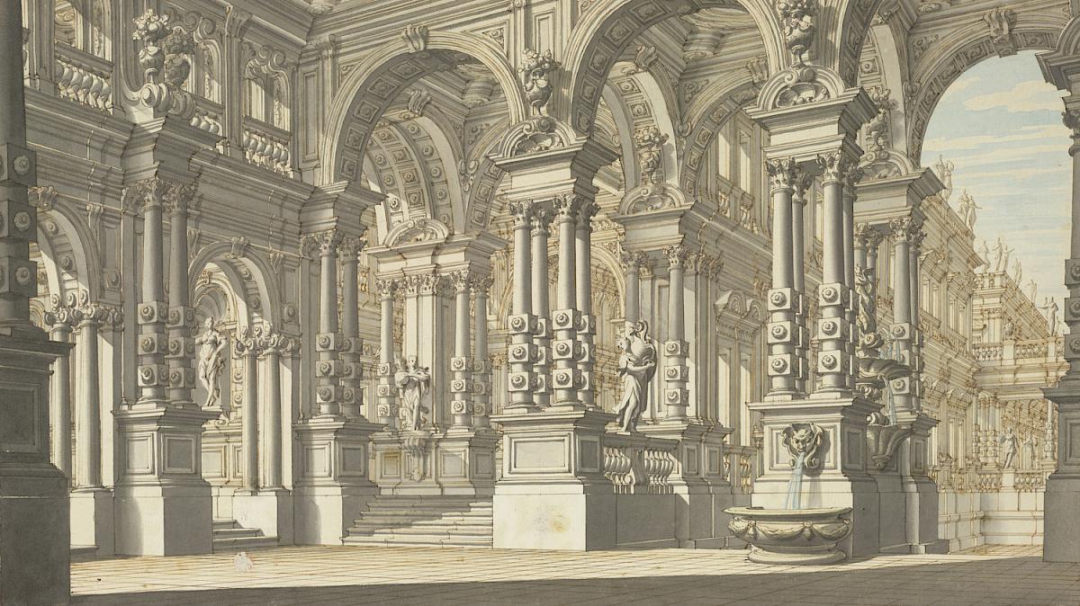 Antonio Galli Bibiena: Columned hall with a view through to a lower courtyard, with each supporting column consisting of four individual Corinthian columns with three rosettes each and a fountain on the rightmost column, 1740/1745