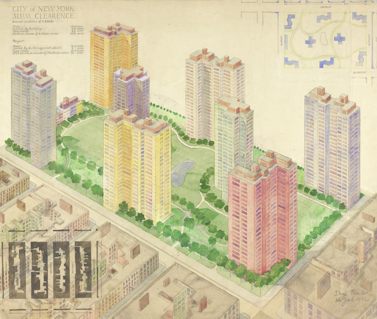 Josef Frank: New York, Slum Clearance, aerial perspective and site map, 1942
