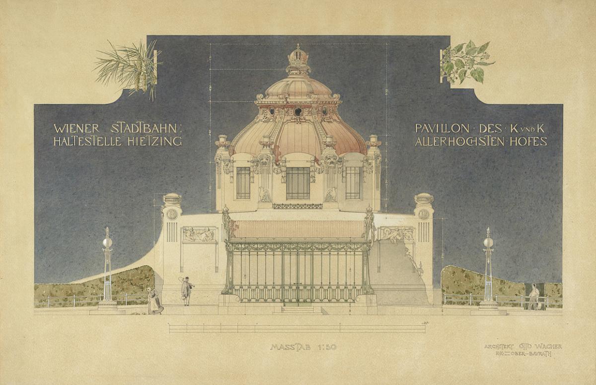 Joseph Maria Olbrich: Imperial court pavilion at the Vienna Metropolitan Railway station in Vienna-Hietzing, orthogonal view, 1898